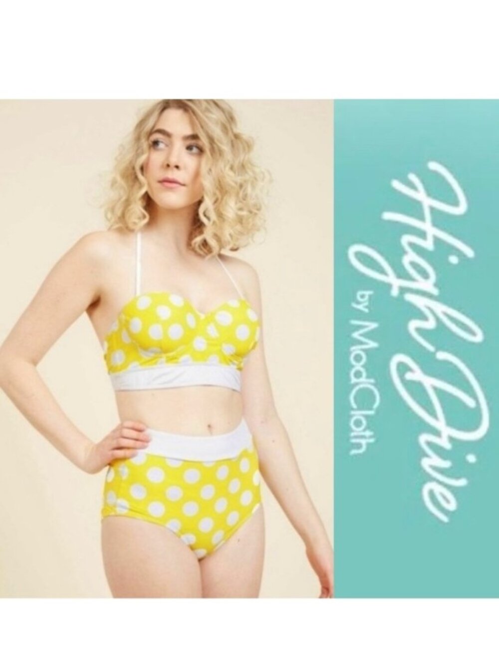 ModCloth | Yellow Polka Dot High Dive 2-Piece Bikini Set | Size Large